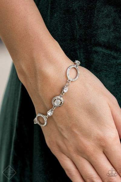 Wedding Day Demure - Paparazzi - White Rhinestone Silver Clasp Bracelet Fashion Fix Exclusive