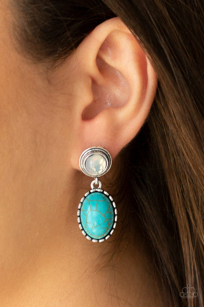 Western Oasis - Paparazzi - Blue Turquoise Silver Frame Opal Bead Post Earrings