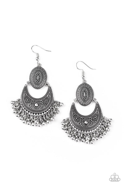 Western Trails - Paparazzi - Silver Ornate Crescent Bead Fringe Earrings