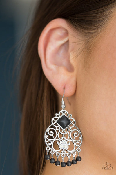 Western Wonder - Paparazzi - Black Stone Filigree Fringe Earrings