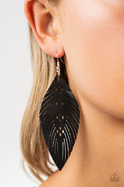 Wherever The Wind Takes Me - Paparazzi - Black Feather Leather Earrings