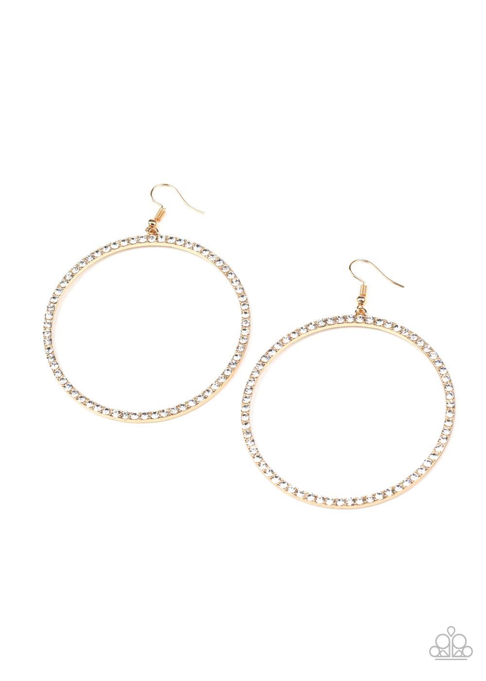 Wide Curves Ahead - Paparazzi - Gold Circular White Rhinestone Earrings