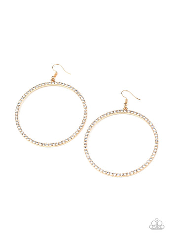 Wide Curves Ahead - Paparazzi - Gold Circular White Rhinestone Earrings