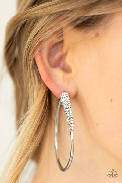 Winter Ice - Paparazzi - White Rhinestone Silver Hoop Earrings