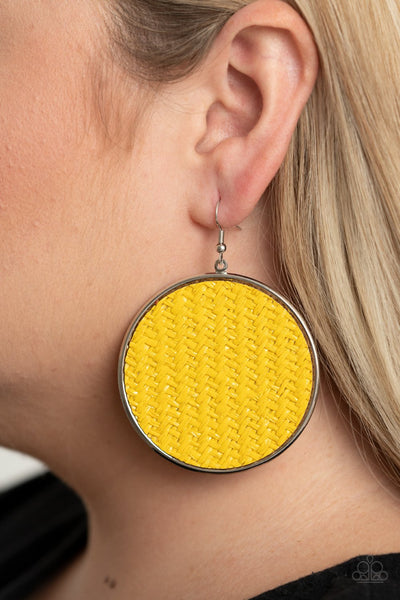 Wonderfully Woven - Paparazzi - Yellow Twine Weave Disc Earrings