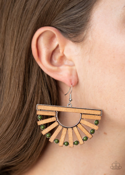 Wooden Wonderland - Paparazzi - Green Bead Wooden Crescent Earrings