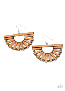 Wooden Wonderland - Paparazzi - Green Bead Wooden Crescent Earrings