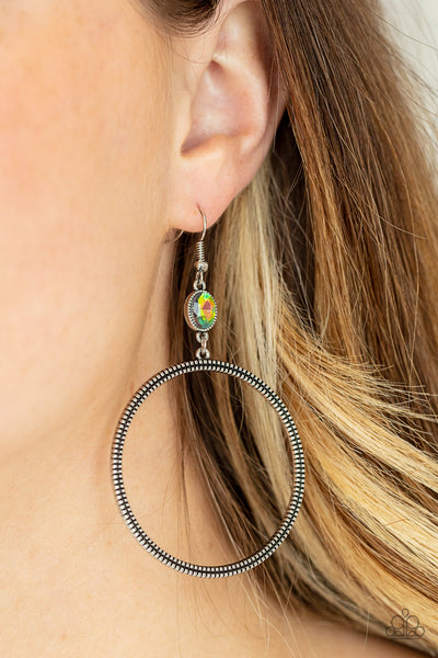 Work That Circuit - Paparazzi - Multi Oil Spill Gem Silver Circle Earring