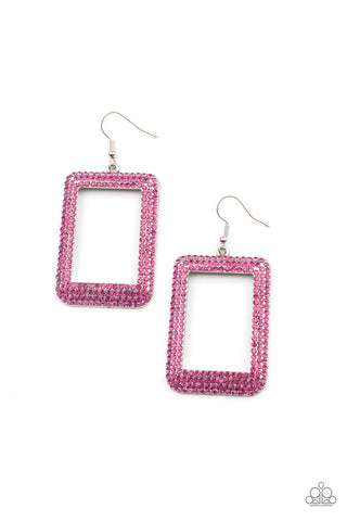 World FRAME-ous - Paparazzi - Pink Rhinestone Rectangular Earrings