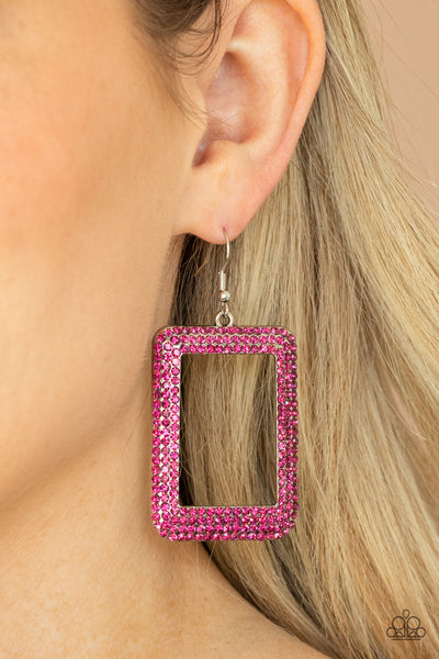 World FRAME-ous - Paparazzi - Pink Rhinestone Rectangular Earrings