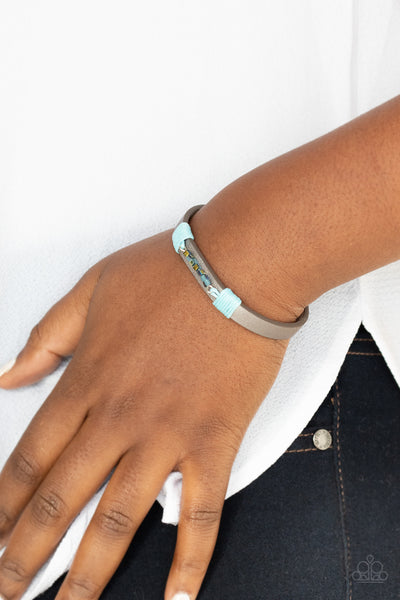 Worth The Hype - Paparazzi - Blue Iridescent Cube Bead Silver Leather Snap Bracelet