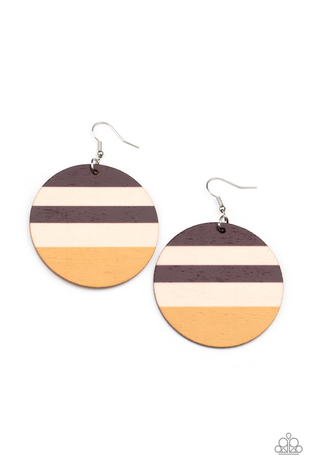 Yacht Party - Paparazzi - Yellow and Brown Striped Wood Circular Earrings