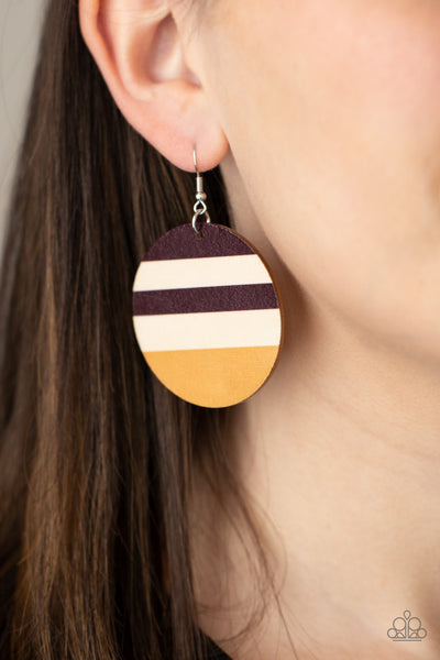 Yacht Party - Paparazzi - Yellow and Brown Striped Wood Circular Earrings