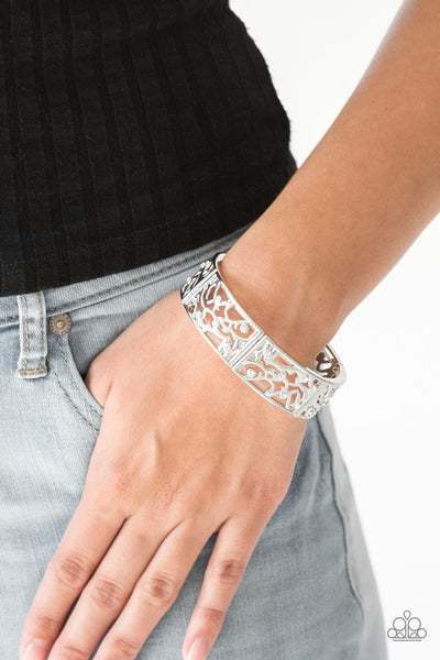 Yours and VINE - Paparazzi - White Rhinestone Silver Vine Filigree Stretchy Bracelet