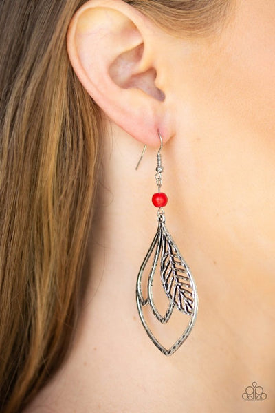 Absolutely Airborne - Paparazzi - Red Stone Silver Feather Teardrop Earrings