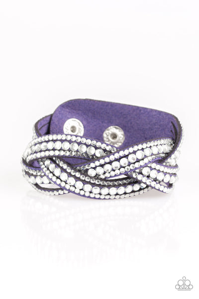 Bring On The Bling - Paparazzi - Blue Suede Braided Rhinestone Snap Bracelet