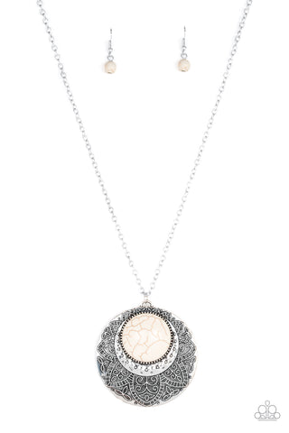 Medallion Meadow – Paparazzi – White Stone Silver Floral Frame Pendant Necklace