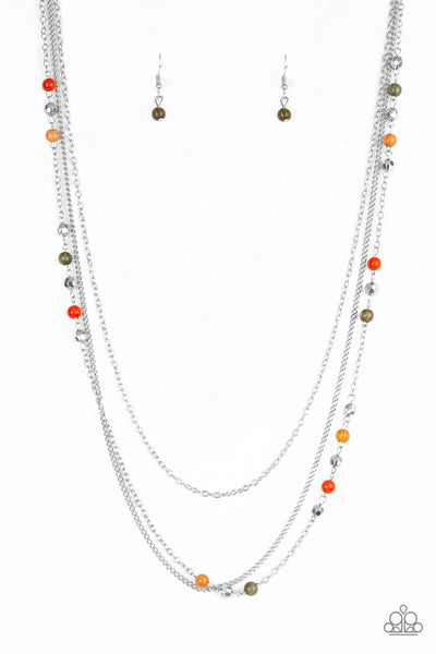 Colorful Cadence - Paparazzi - Multi Green Orange Red Bead Silver Layered Necklace