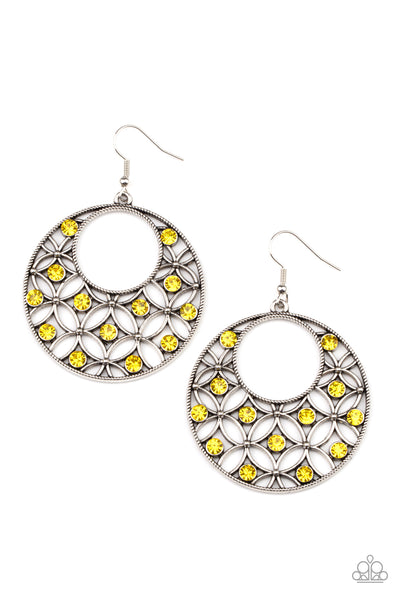 Garden Garnish - Paparazzi - Yellow Rhinestone Flower Cut Out Earrings