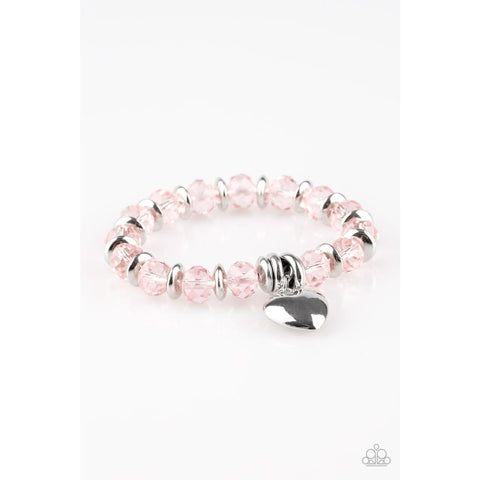 Need I Say AMOUR? - Paparazzi - Pink Crystal Bead Silver Heart Charm Stretchy Bracelet